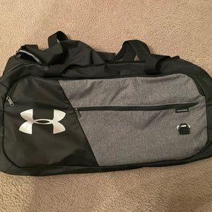Under Armour Heathered gray and black duffel bag with white logo